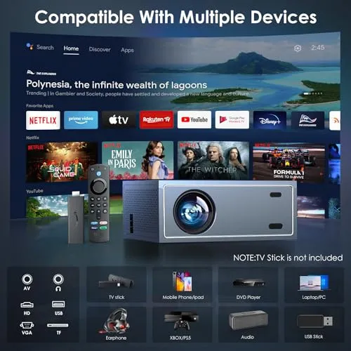 4K Support Projector with Wifi and Bluetooth, OWNKNEW Portable Mini Projectors for Outdoor Movies Use, Video Projector Compatible with TV Stick, Laptop, Smartphone, Xbox, PS5