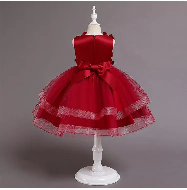 68029 2-11 Year Girls Dress Appliques Button Embroidery Knee-Length Children's Prom Tulle Dress Red Lace Blue Kids Party Princess Gown