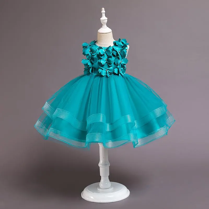 68029 2-11 Year Girls Dress Appliques Button Embroidery Knee-Length Children's Prom Tulle Dress Red Lace Blue Kids Party Princess Gown