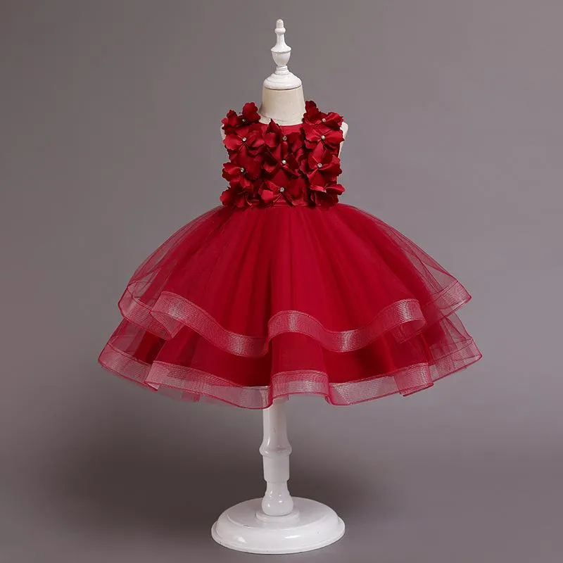 68029 2-11 Year Girls Dress Appliques Button Embroidery Knee-Length Children's Prom Tulle Dress Red Lace Blue Kids Party Princess Gown