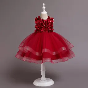 68029 2-11 Year Girls Dress Appliques Button Embroidery Knee-Length Children's Prom Tulle Dress Red Lace Blue Kids Party Princess Gown