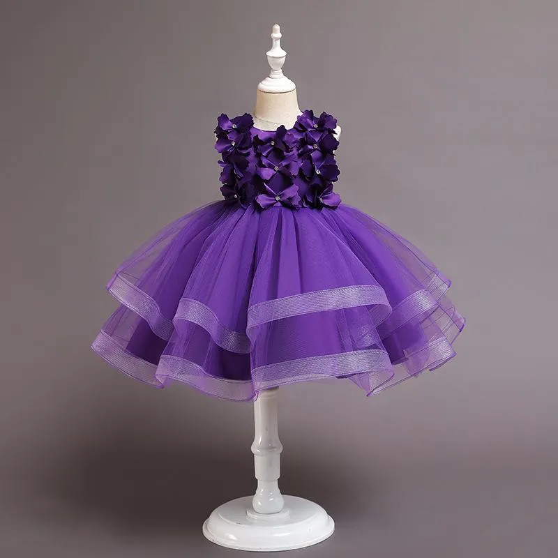 68029 2-11 Year Girls Dress Appliques Button Embroidery Knee-Length Children's Prom Tulle Dress Red Lace Blue Kids Party Princess Gown