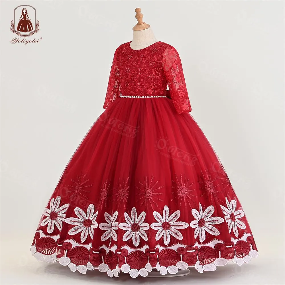 A1-582 4 to 12 Years New Elegant Unique Embroidered Flower Pearl Design Princess Kids Wedding Dress Little Girls Long Party Wear Dresses For Girl