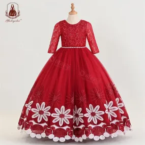 A1-582 4 to 12 Years New Elegant Unique Embroidered Flower Pearl Design Princess Kids Wedding Dress Little Girls Long Party Wear Dresses For Girl