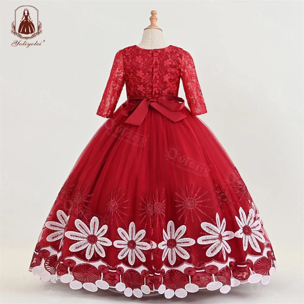 A1-582 4 to 12 Years New Elegant Unique Embroidered Flower Pearl Design Princess Kids Wedding Dress Little Girls Long Party Wear Dresses For Girl