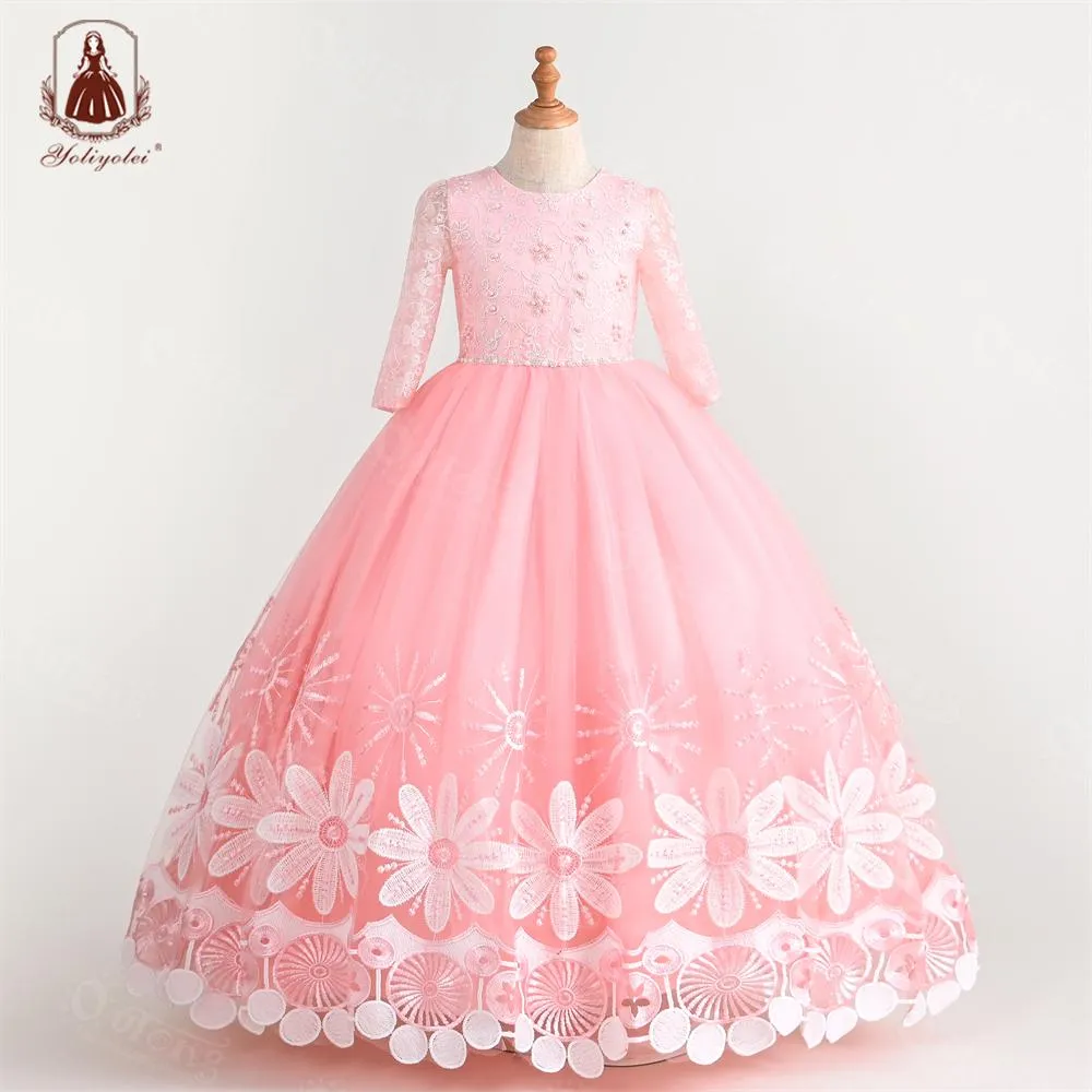 A1-582 4 to 12 Years New Elegant Unique Embroidered Flower Pearl Design Princess Kids Wedding Dress Little Girls Long Party Wear Dresses For Girl