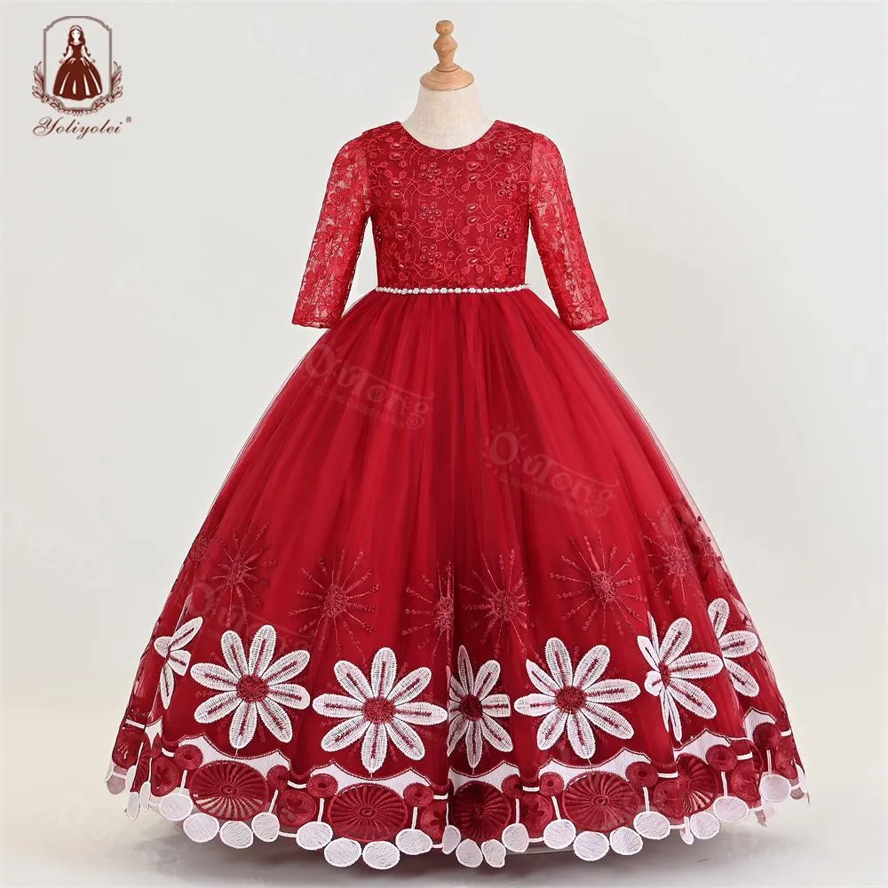 A1-582 4 to 12 Years New Elegant Unique Embroidered Flower Pearl Design Princess Kids Wedding Dress Little Girls Long Party Wear Dresses For Girl