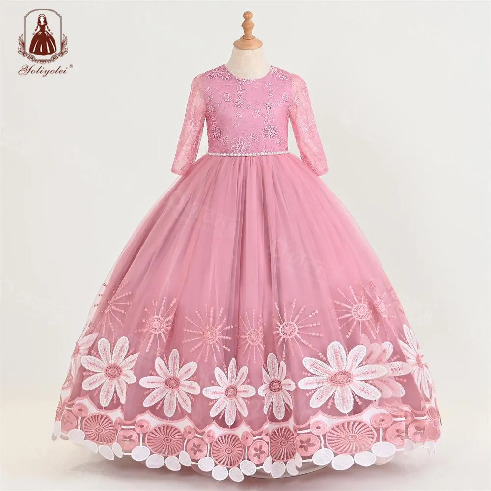 A1-582 4 to 12 Years New Elegant Unique Embroidered Flower Pearl Design Princess Kids Wedding Dress Little Girls Long Party Wear Dresses For Girl