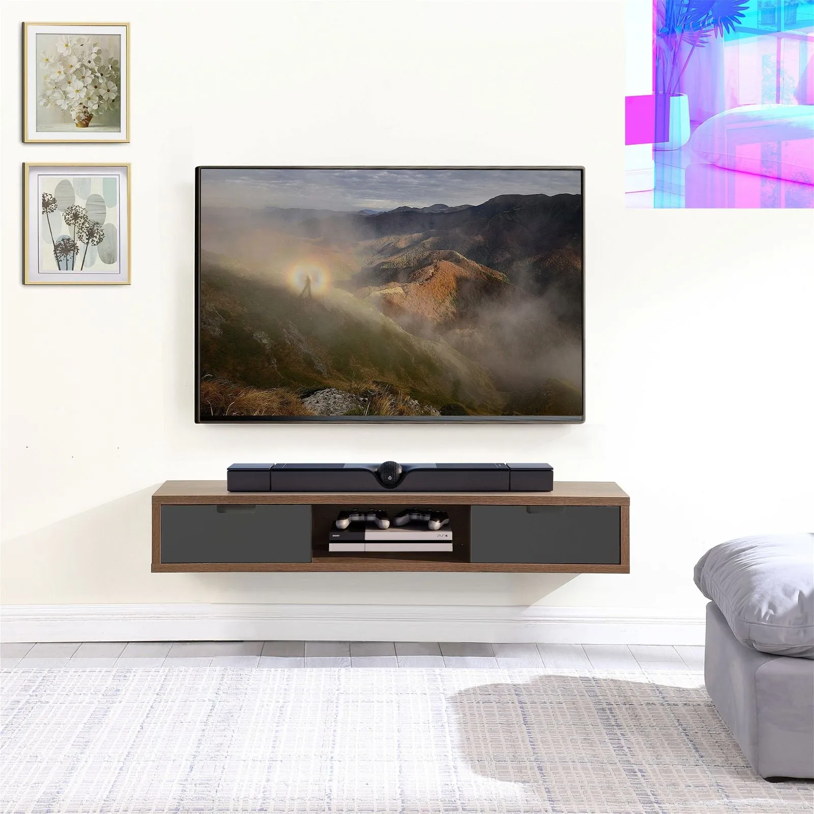 Air Entertainment Unit, Wall Mount, Entertainment Unit, 1500mm Dark Oak with Grey Drawers by Criterion