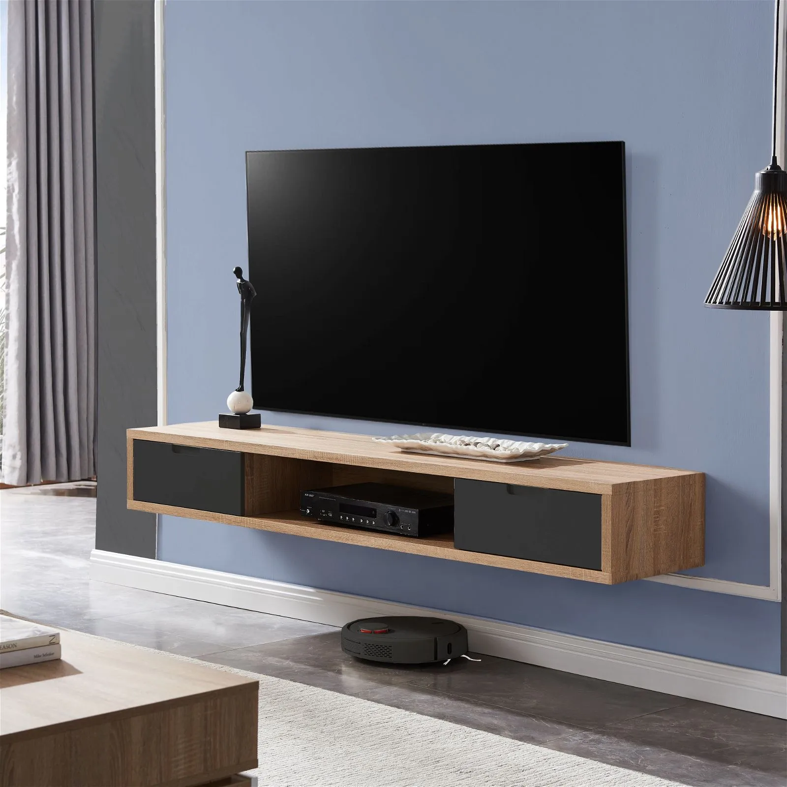 Air Entertainment Unit, Wall Mount, Entertainment Unit, 1500mm Oak with Grey Drawers by Criterion