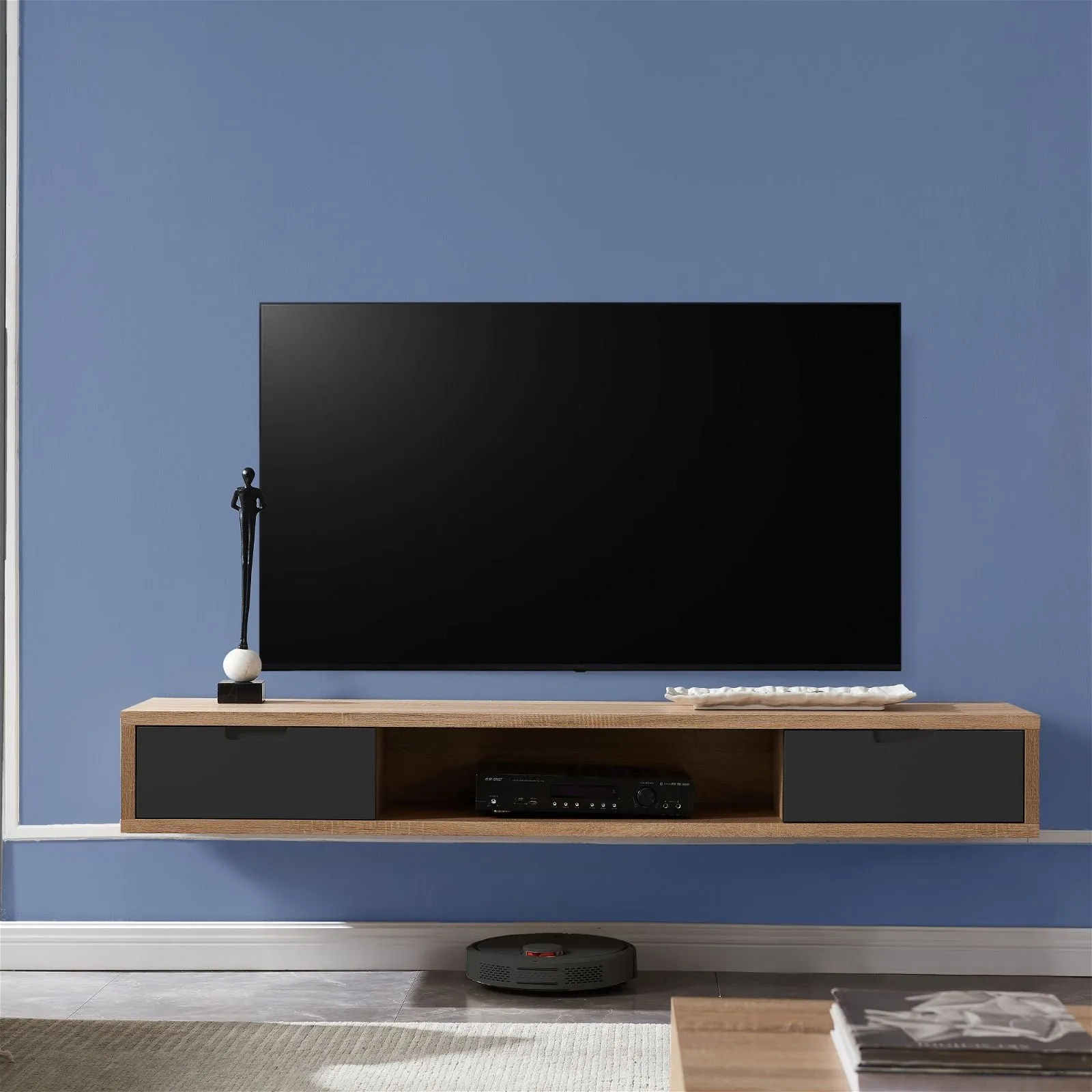 Air Entertainment Unit, Wall Mount, Entertainment Unit, 1500mm Oak with Grey Drawers by Criterion