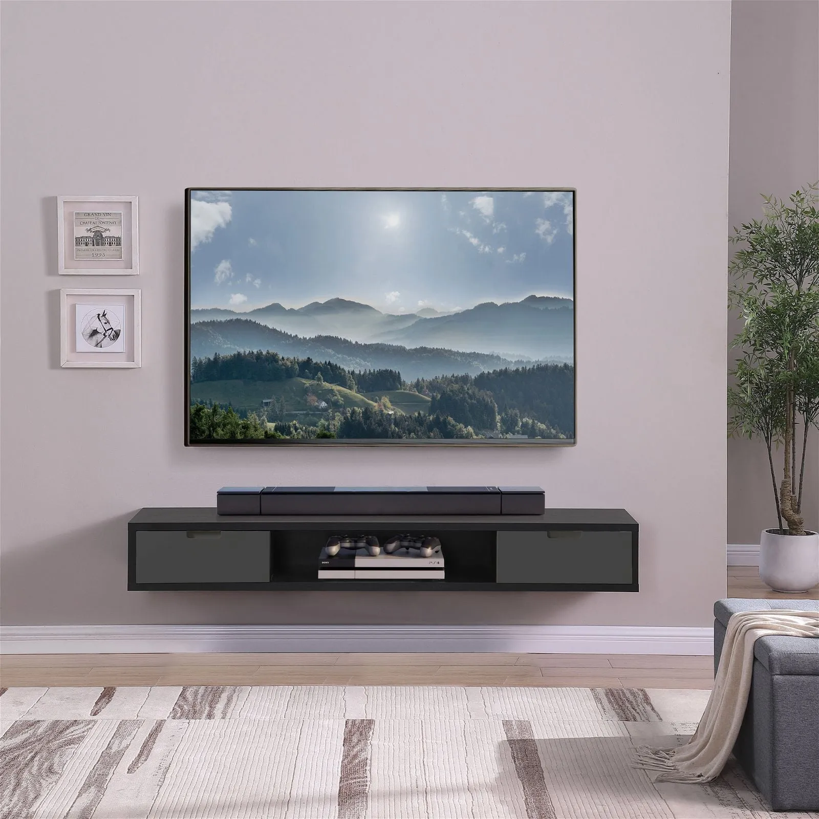 Air Entertainment Unit, Wall Mount, Entertainment Unit, 1800mm Black Oak with Grey Drawers by Criterion