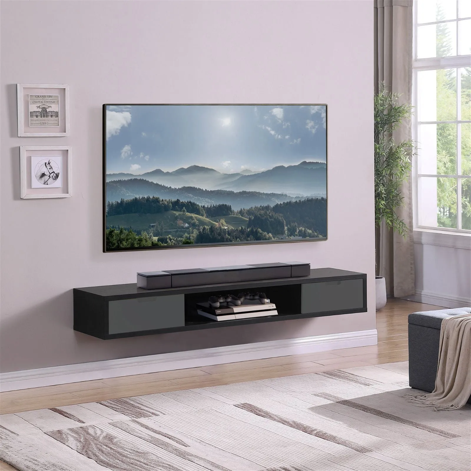 Air Entertainment Unit, Wall Mount, Entertainment Unit, 1800mm Black Oak with Grey Drawers by Criterion