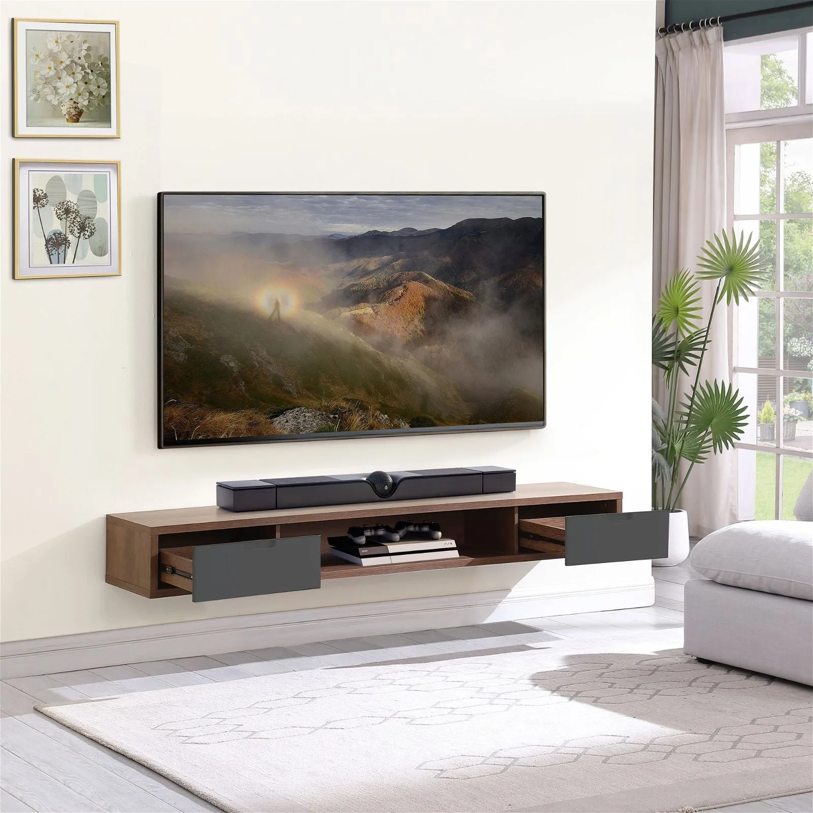 Air Entertainment Unit, Wall Mount, Entertainment Unit, 1800mm Dark Oak with Grey Drawers by Criterion