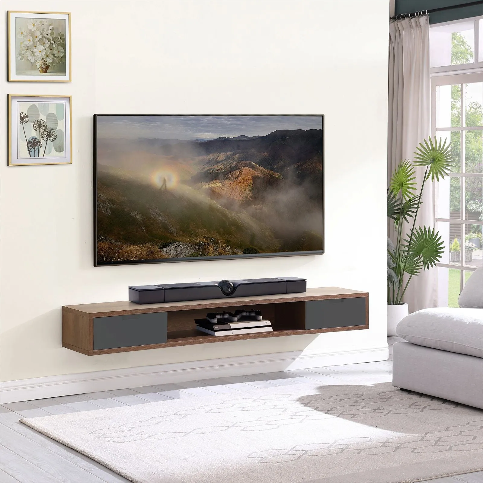 Air Entertainment Unit, Wall Mount, Entertainment Unit, 1800mm Dark Oak with Grey Drawers by Criterion