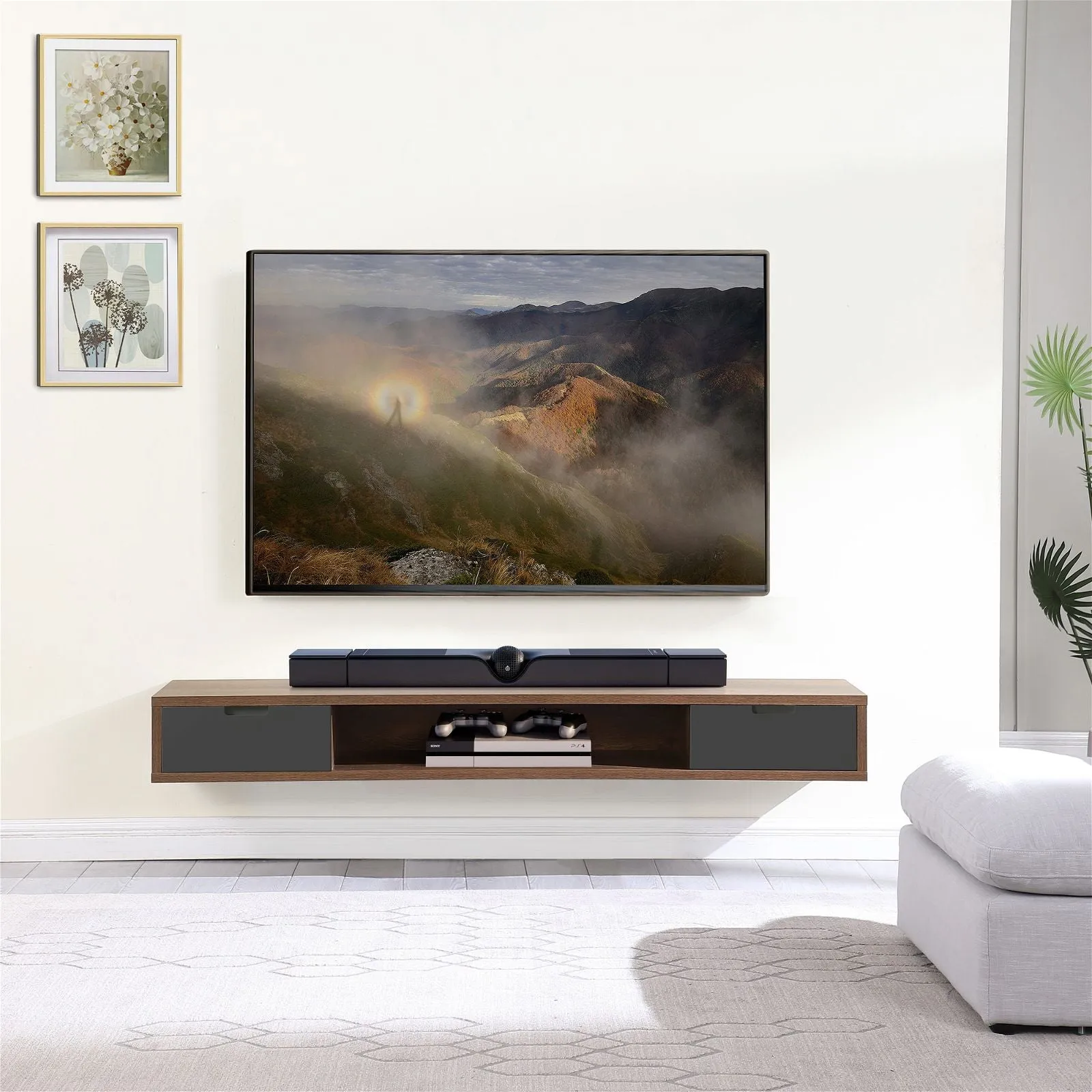 Air Entertainment Unit, Wall Mount, Entertainment Unit, 2000mm Dark Oak with Grey Drawers by Criterion