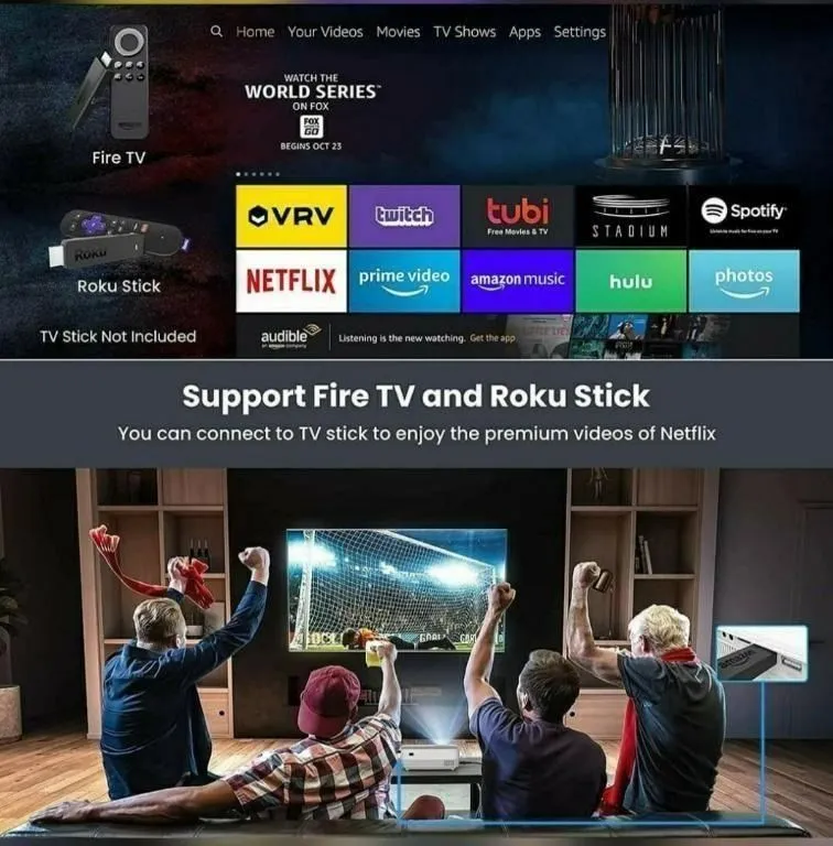 Android Projector |1080P Full HD Supported 4000L Outdoor Portable Projector, 200" Display Home Theater Movie Projector