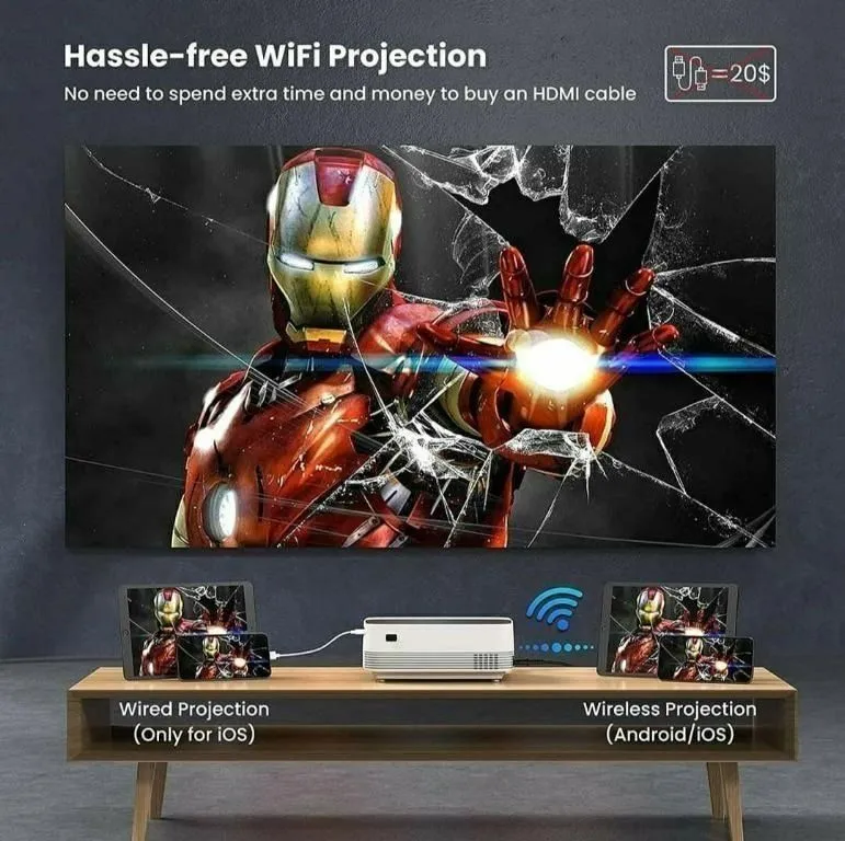 Android Projector |1080P Full HD Supported 4000L Outdoor Portable Projector, 200" Display Home Theater Movie Projector