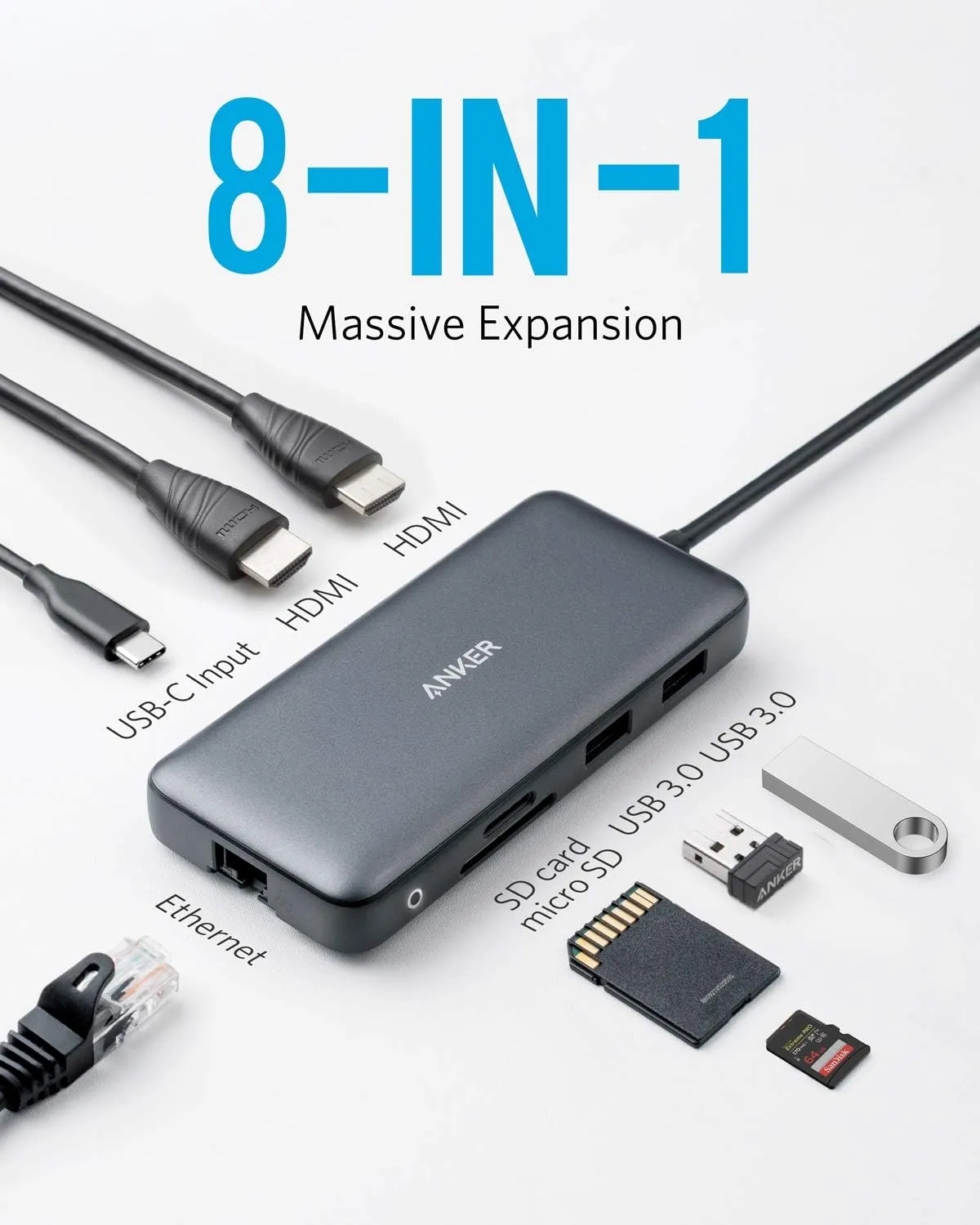 Anker 553 USB-C Hub, 8-in-1 USB C Dock, Dual 4K HDMI USB C to USB Adapter, 1 Gbps Ethernet USB Hub