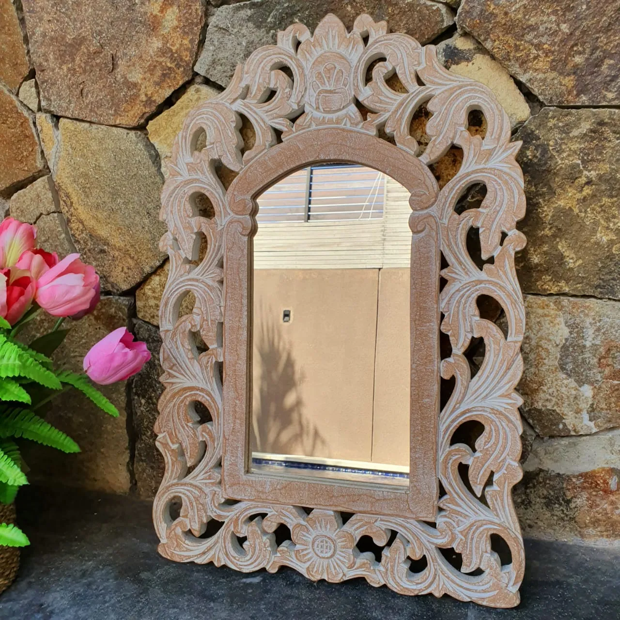 Antique Carved Arched Wooden Mirror