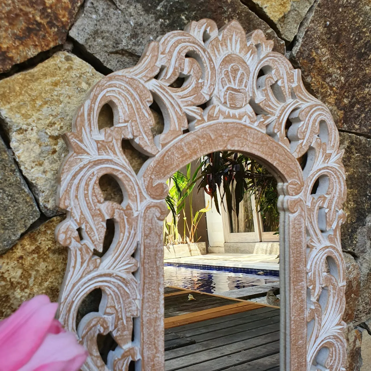 Antique Carved Arched Wooden Mirror