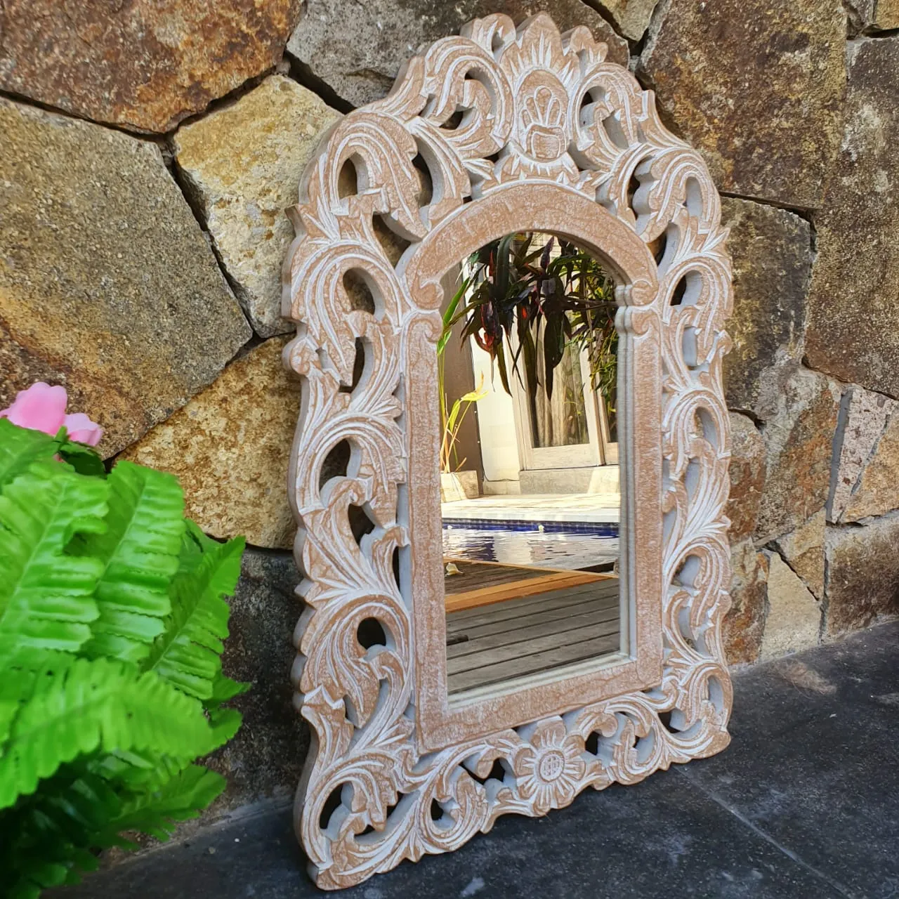 Antique Carved Arched Wooden Mirror