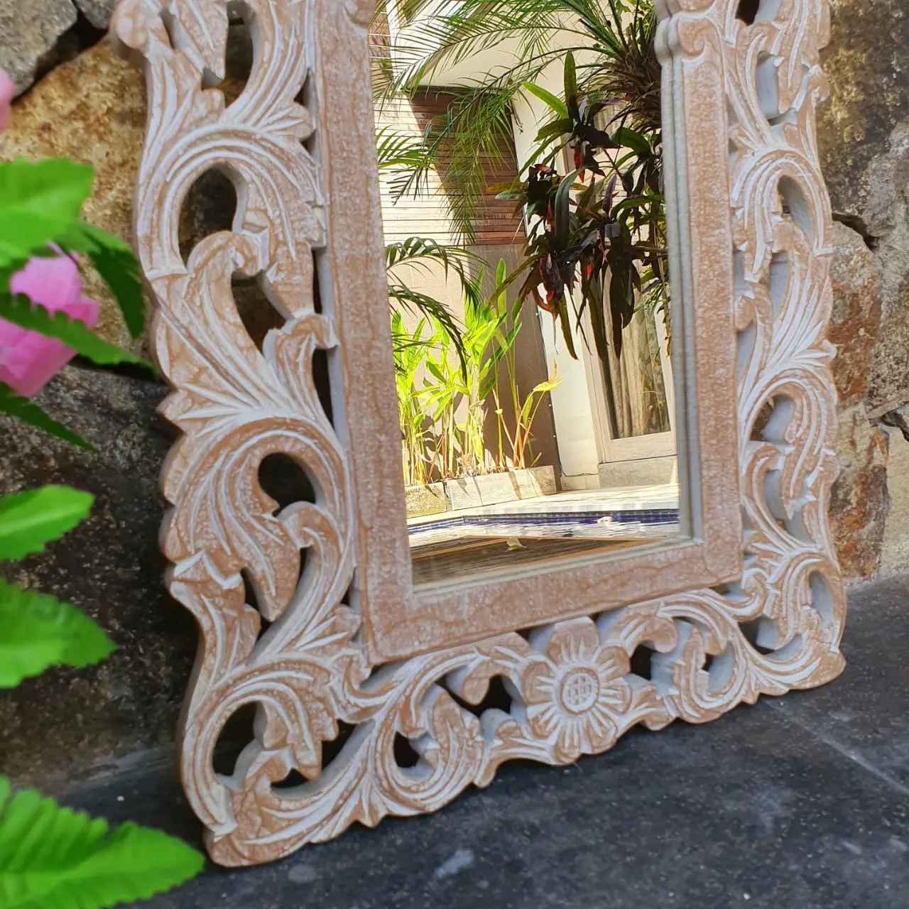 Antique Carved Arched Wooden Mirror