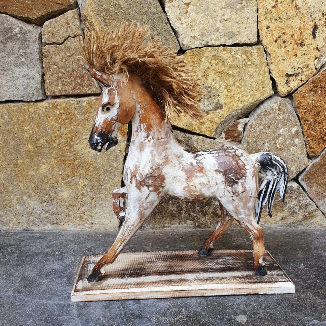 Antique Carved Wooden Prancing Horse With Stand