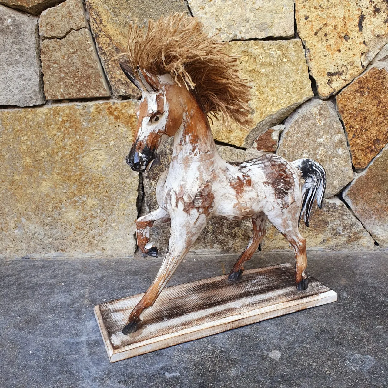 Antique Carved Wooden Prancing Horse With Stand