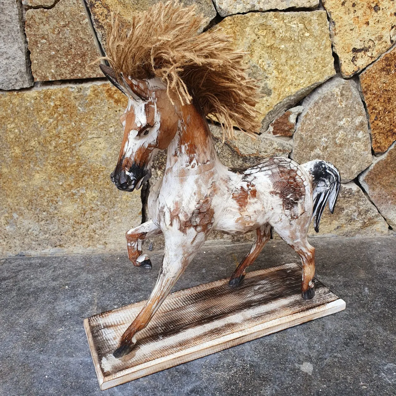 Antique Carved Wooden Prancing Horse With Stand