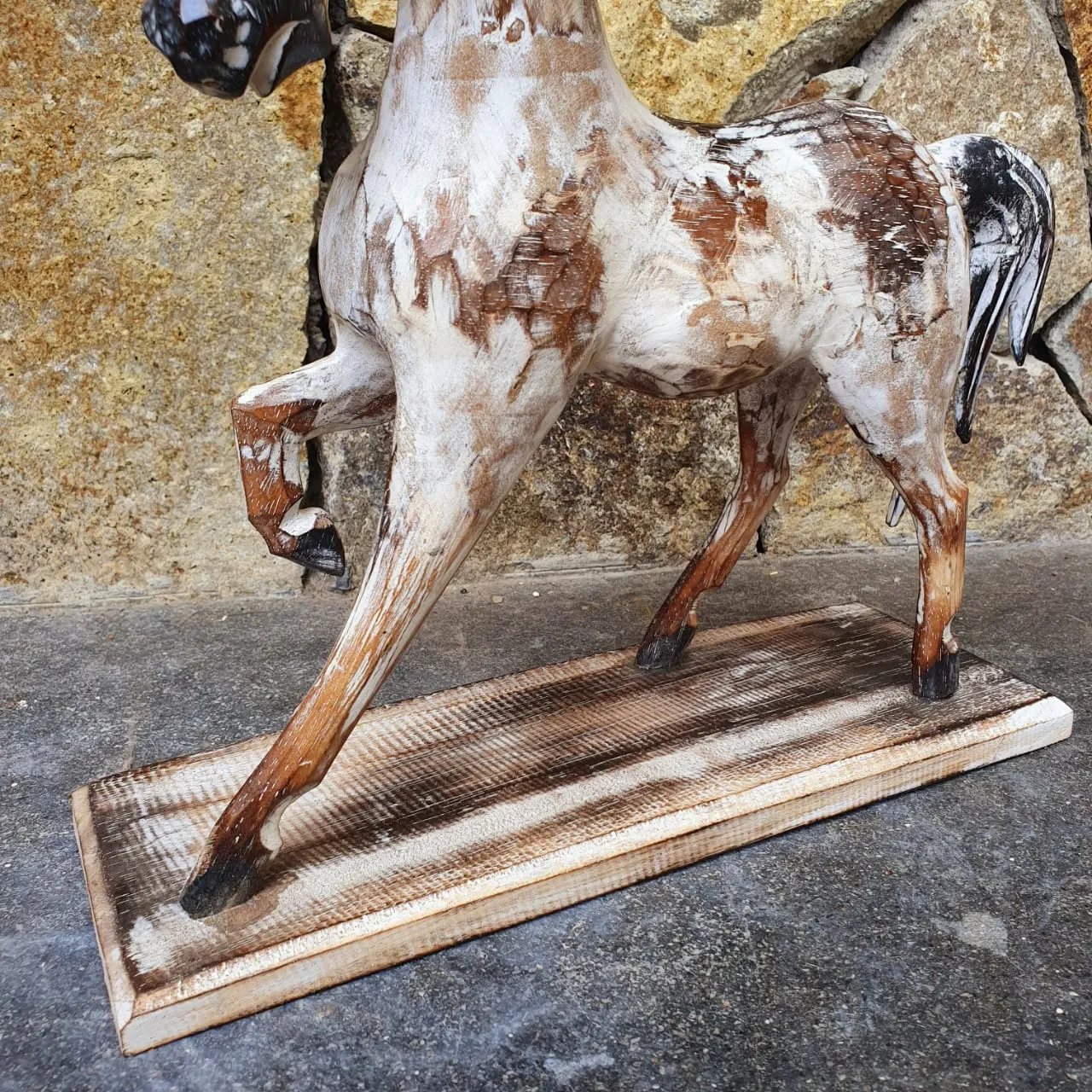 Antique Carved Wooden Prancing Horse With Stand