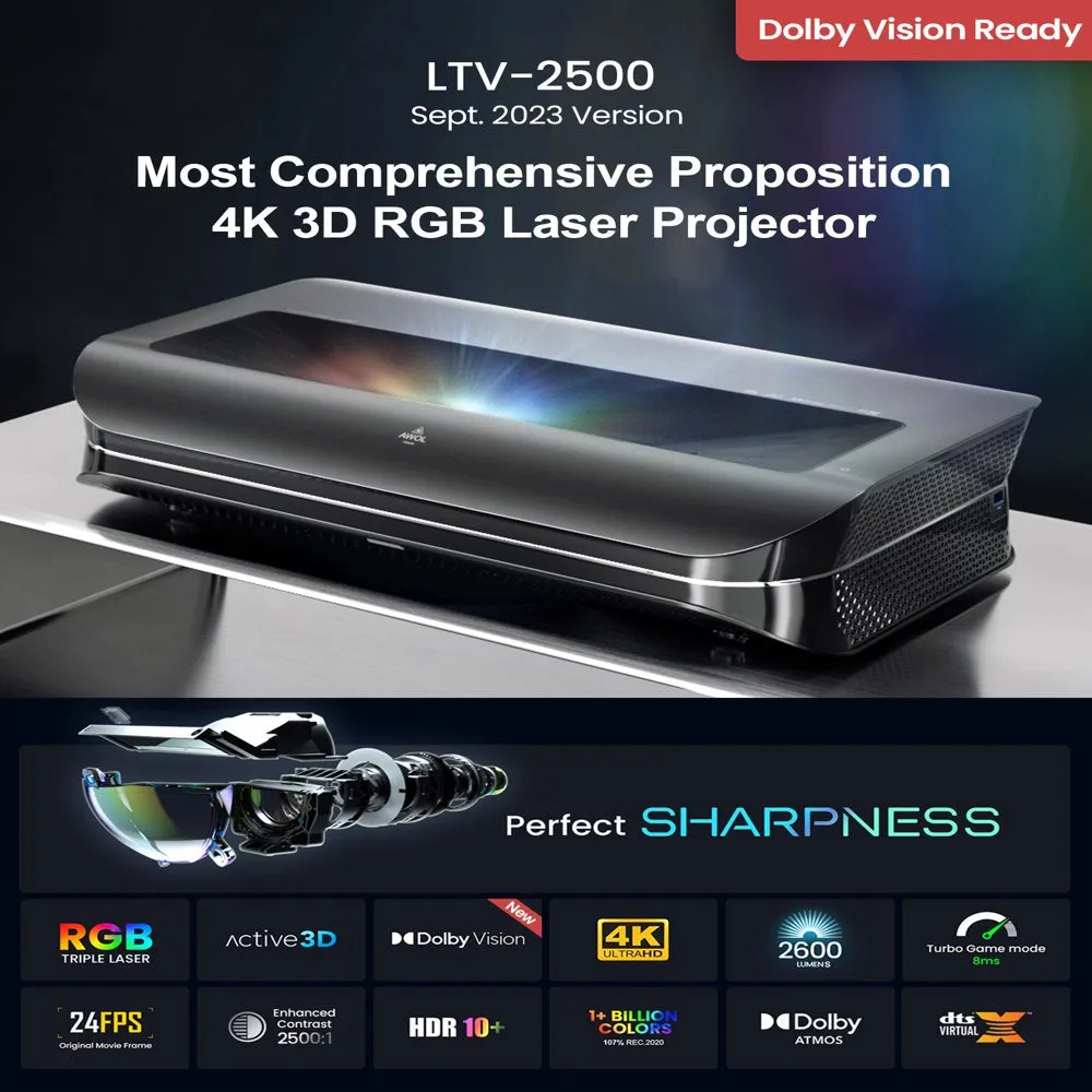 AWOL VISION LTV-2500 4K UHD Ultra Short Throw Triple Laser Projector with 2600 Lumen, 3D, 150", HDR10 , UST Projector Laser TV