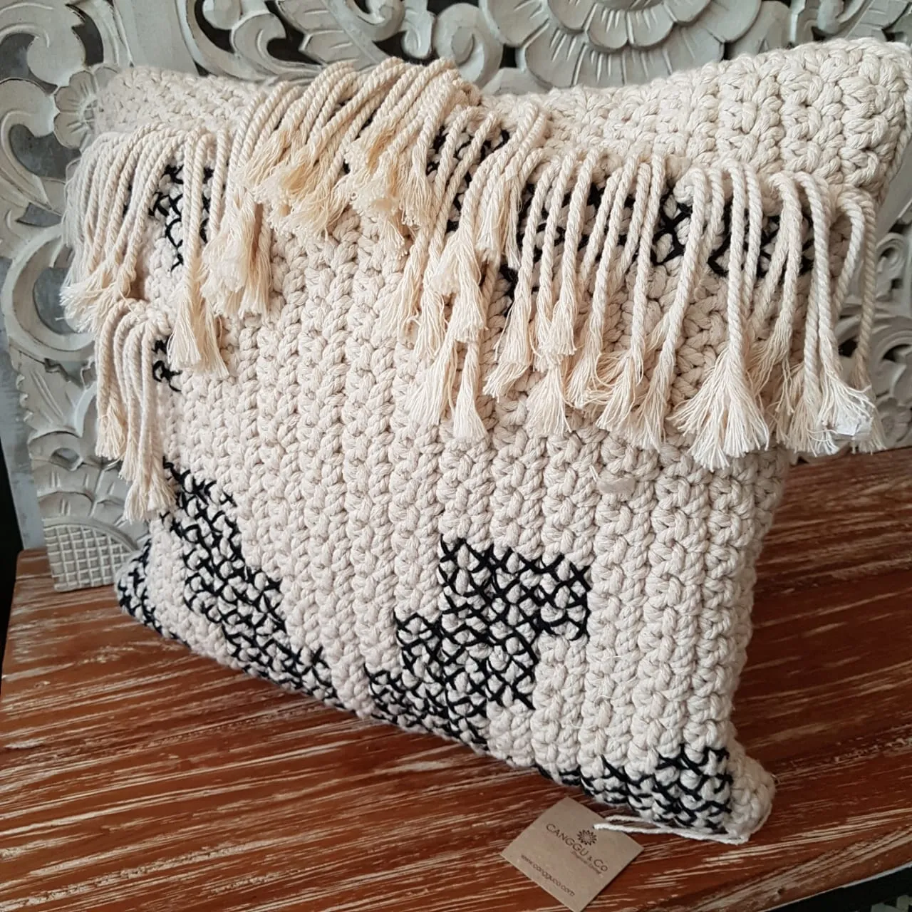 Black and White Woven Macrame Cushion With Fringe