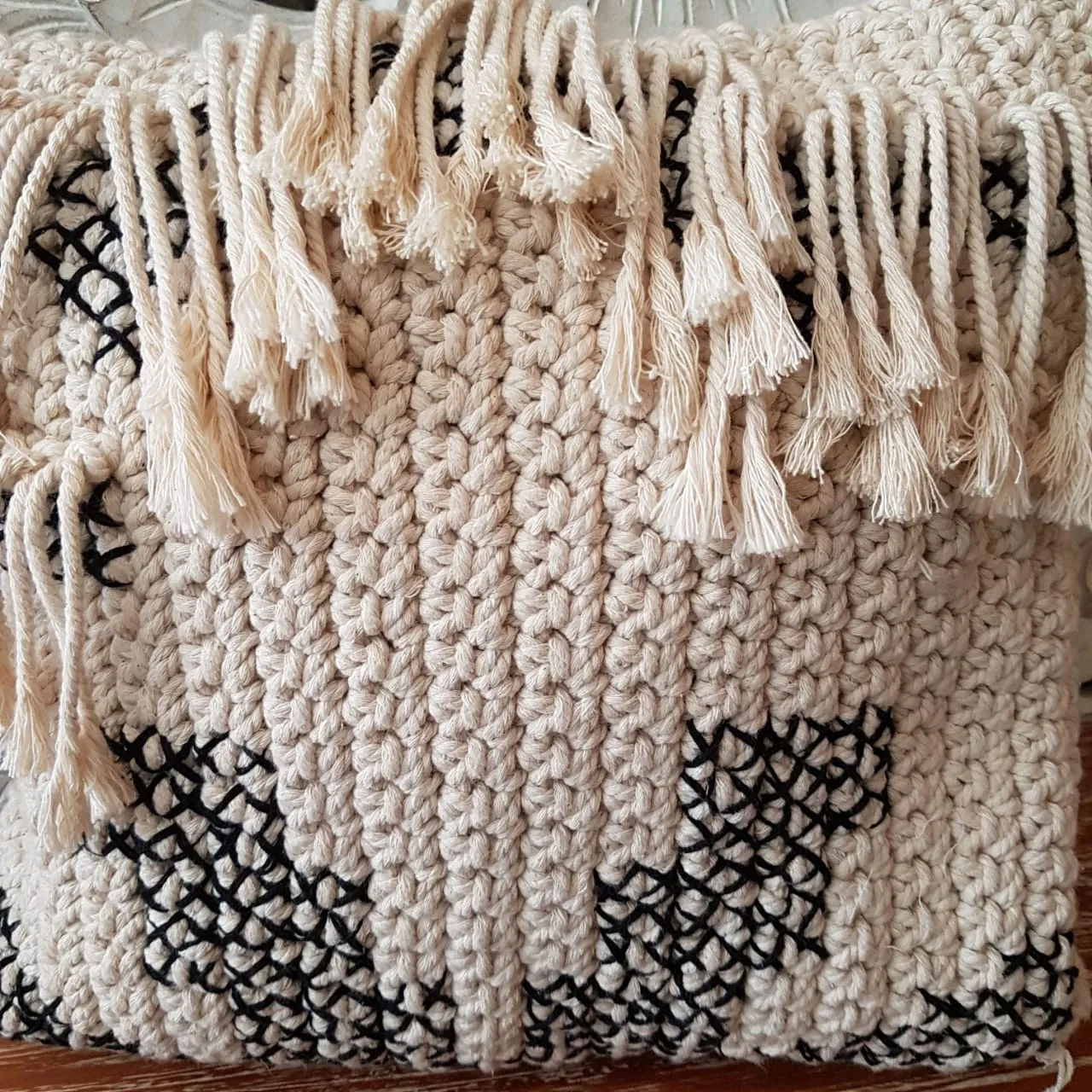 Black and White Woven Macrame Cushion With Fringe