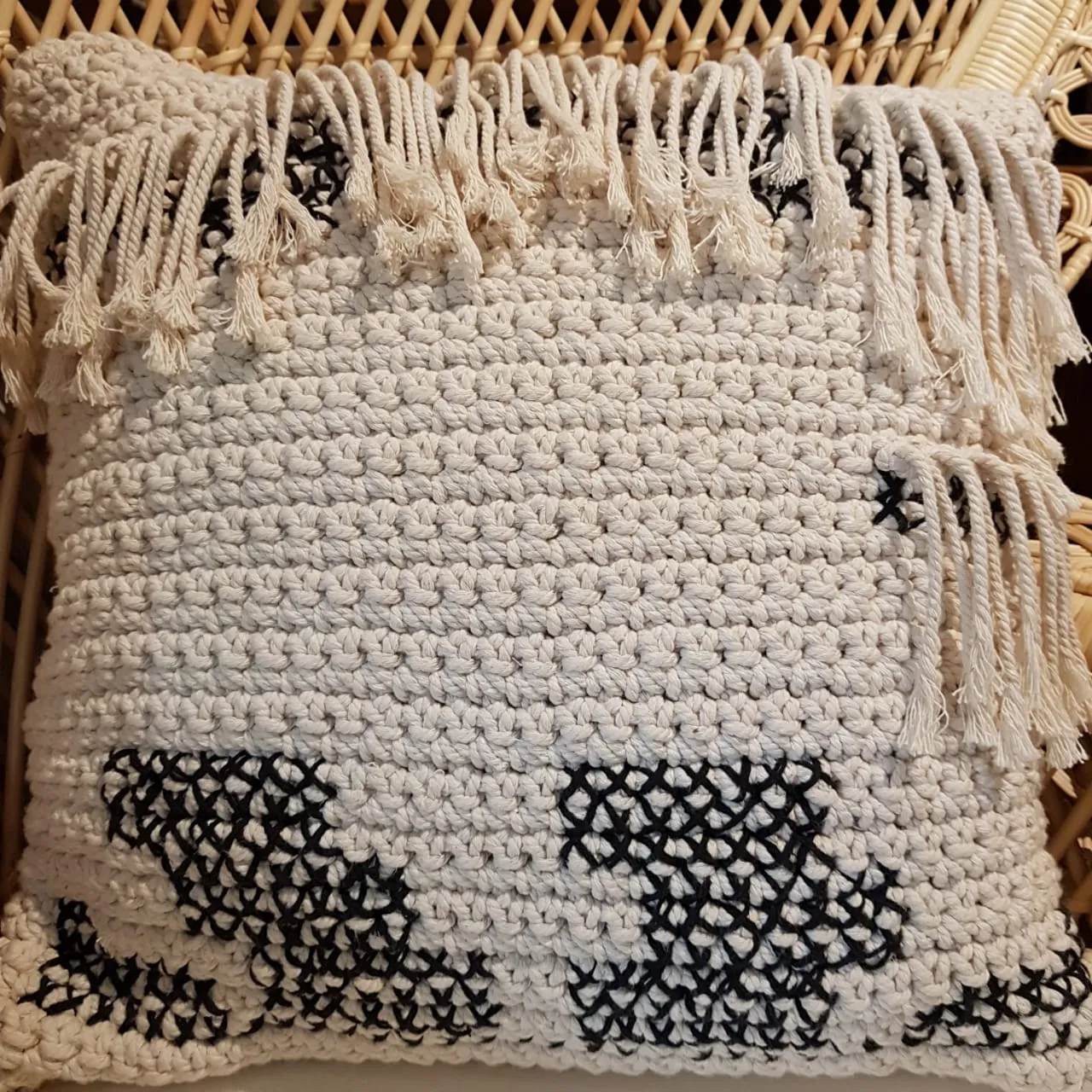 Black and White Woven Macrame Cushion With Fringe