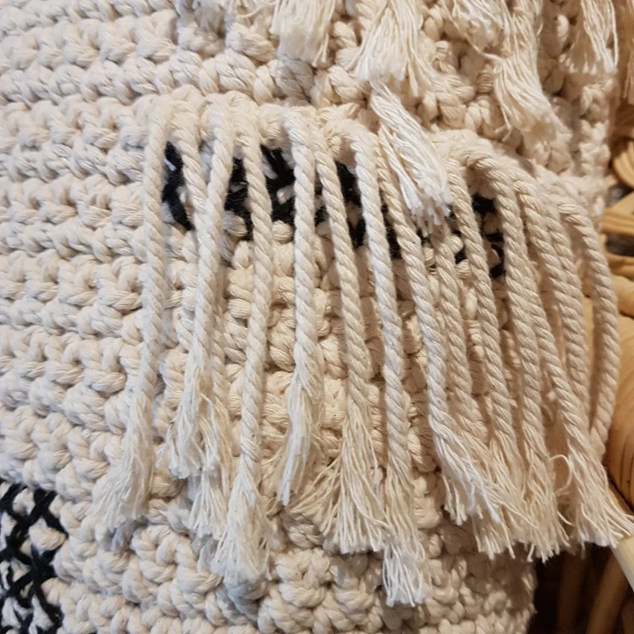 Black and White Woven Macrame Cushion With Fringe