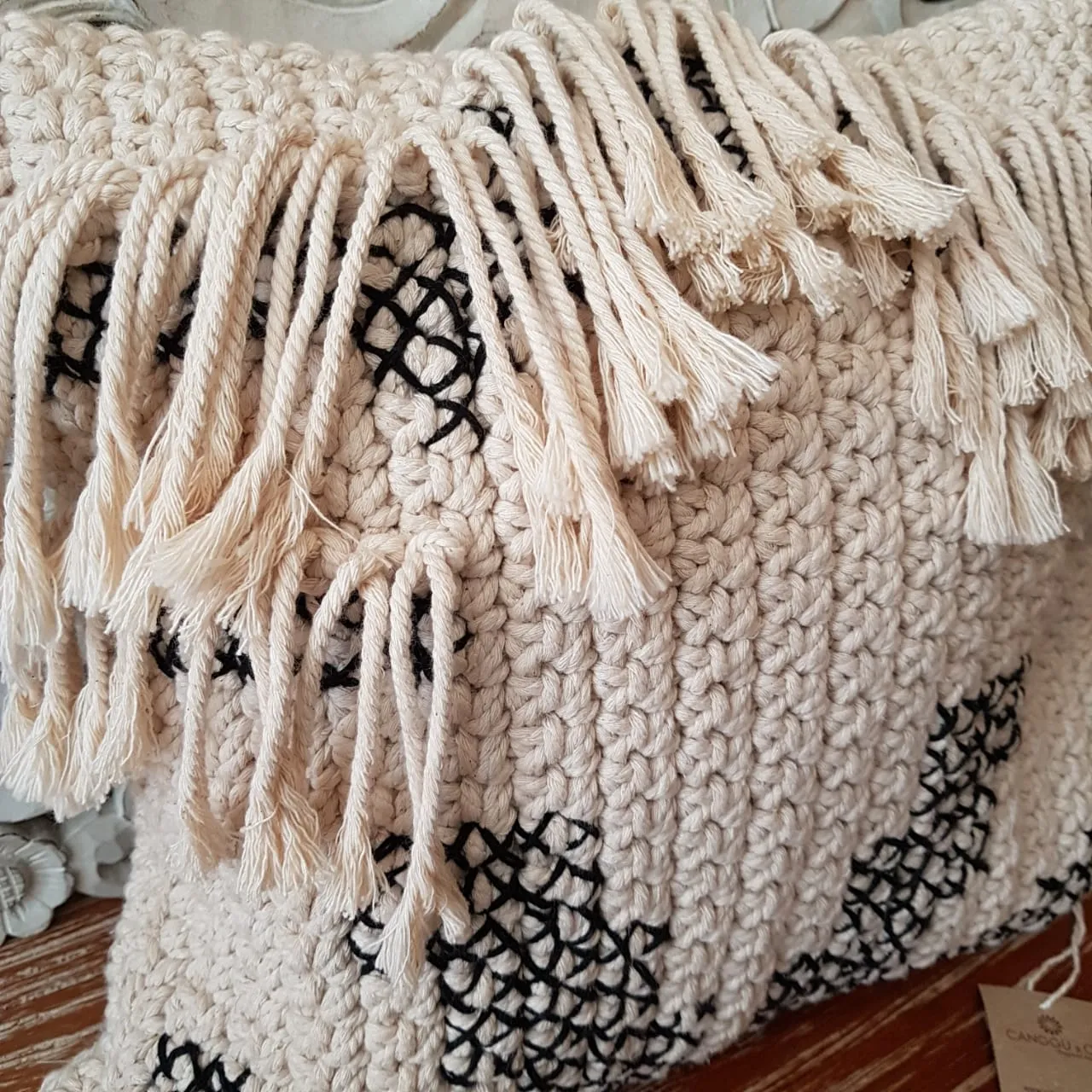 Black and White Woven Macrame Cushion With Fringe