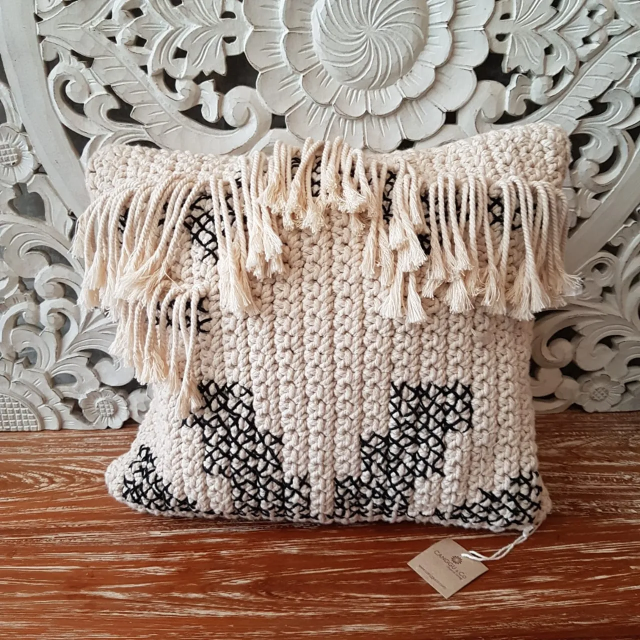 Black and White Woven Macrame Cushion With Fringe