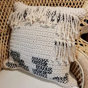Black and White Woven Macrame Cushion With Fringe