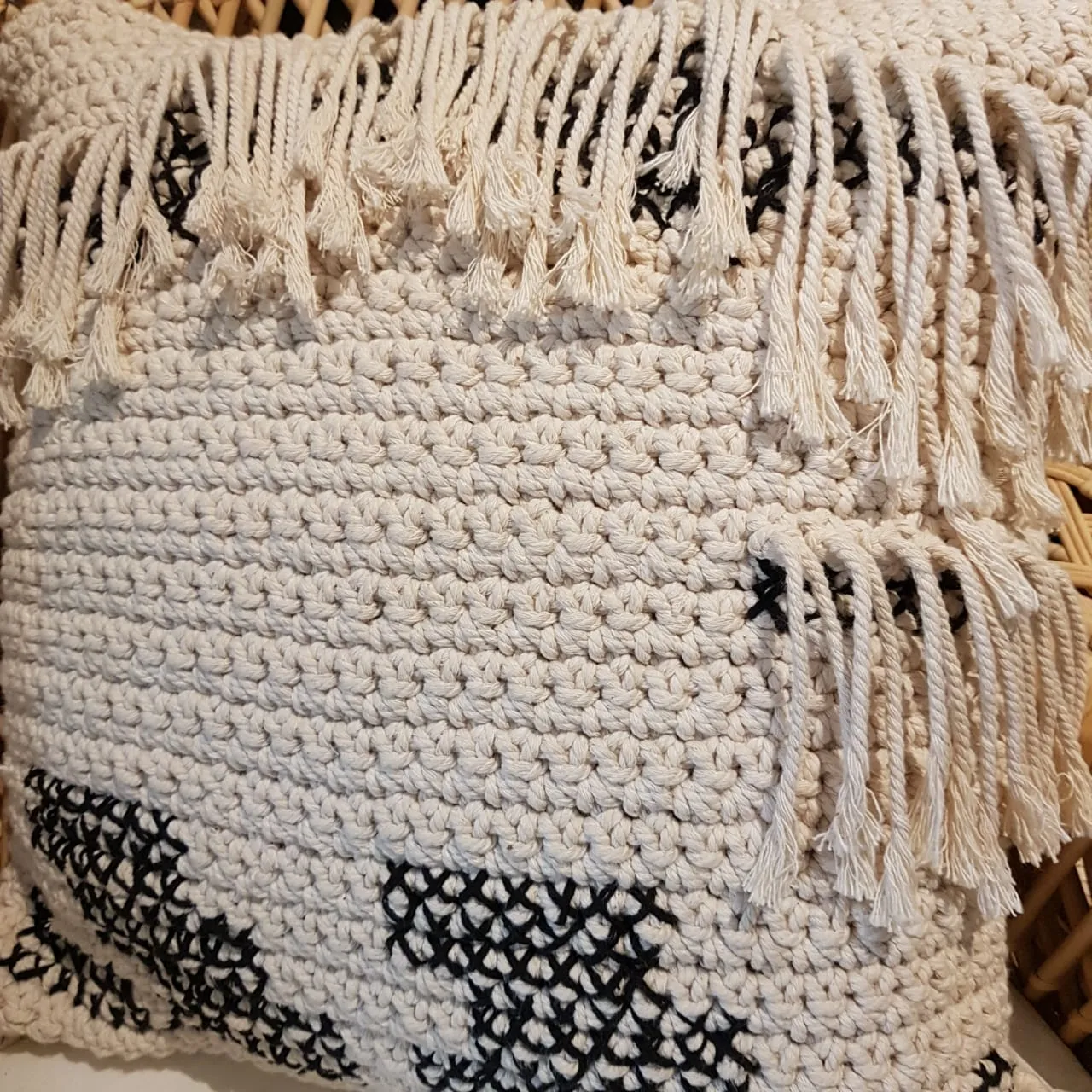 Black and White Woven Macrame Cushion With Fringe
