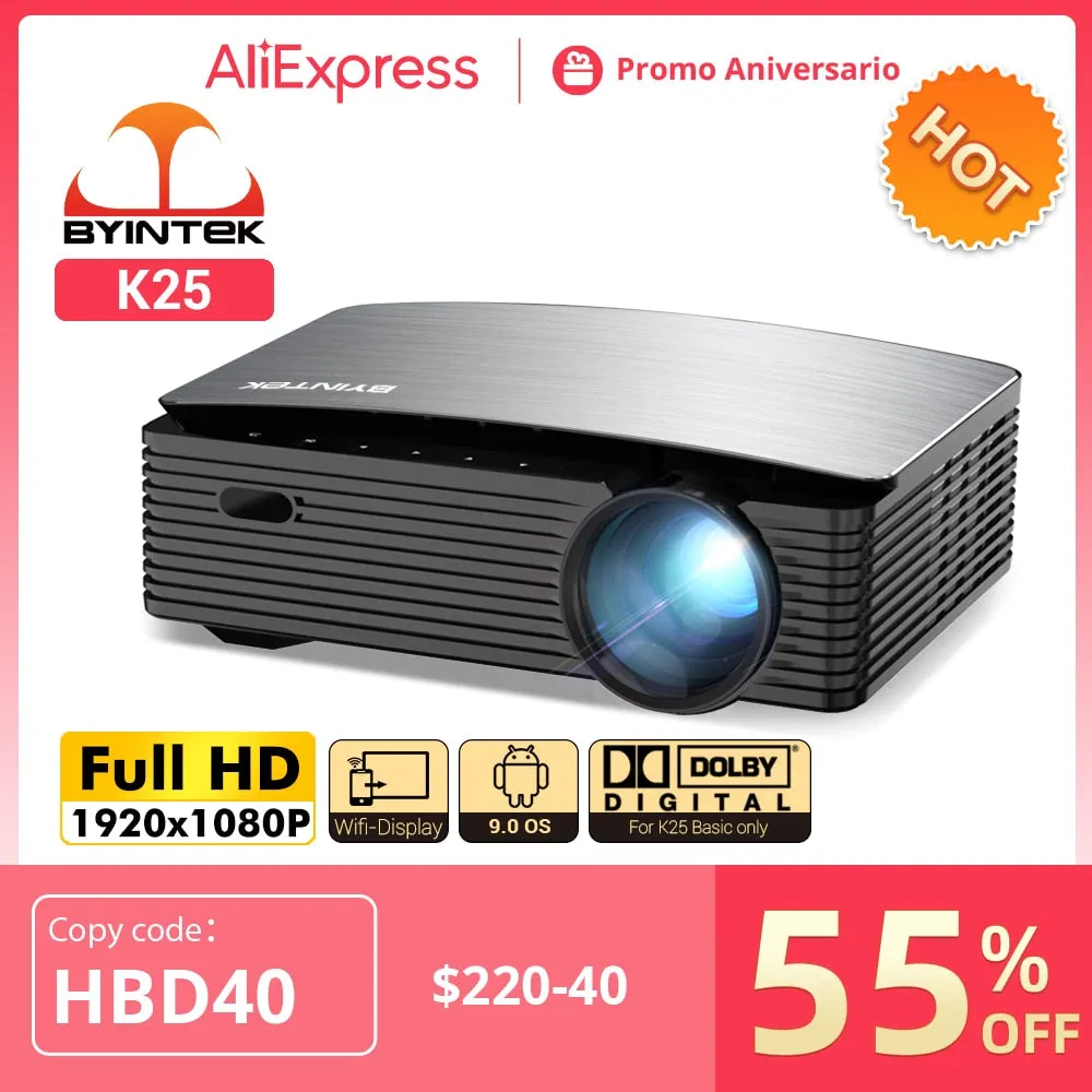 BYINTEK K25 Full HD 4K 1920x1080P LCD Smart Android 9.0 Wifi LED Video Home Theater Cinema 1080P Projector for Smartphone