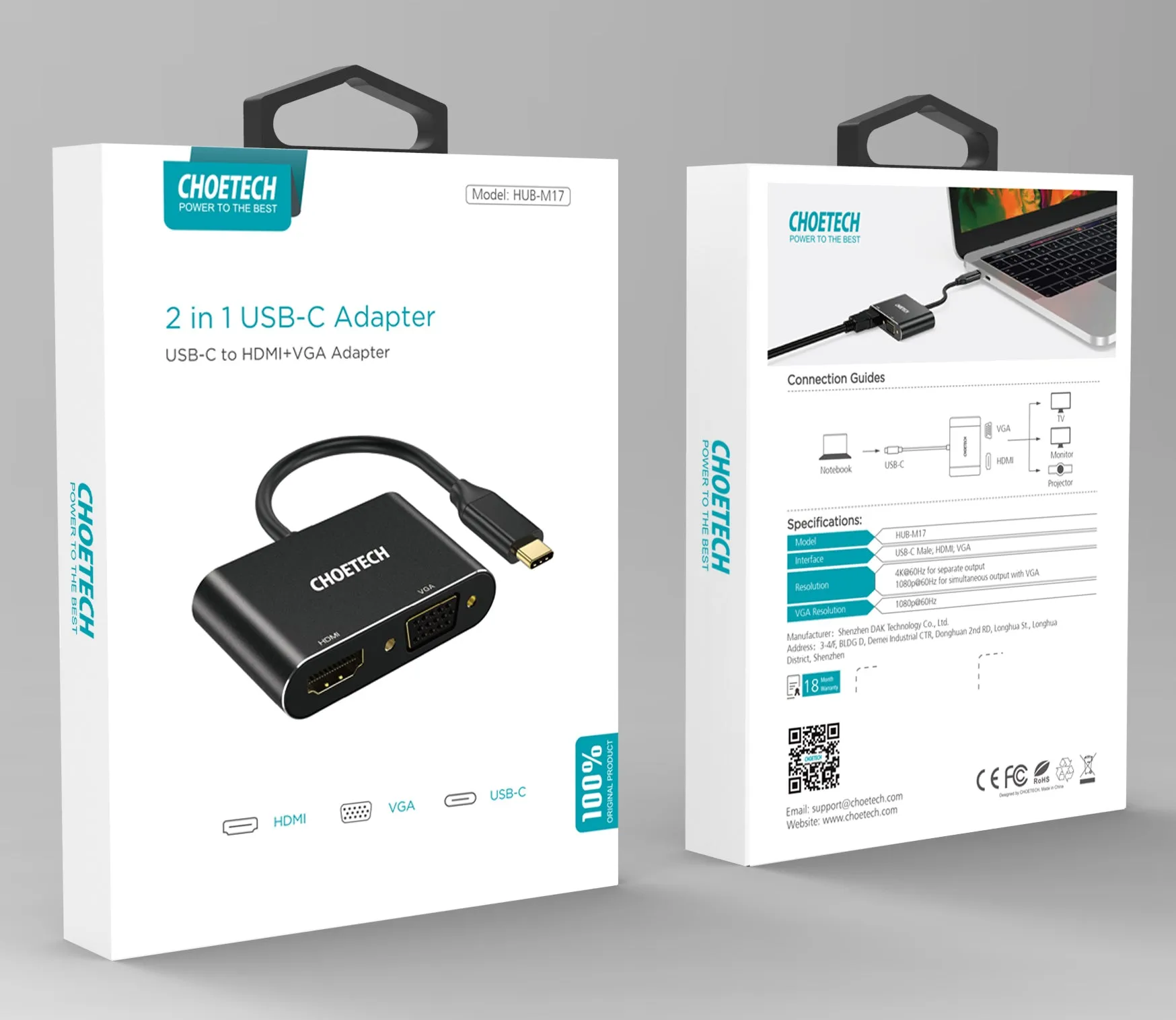 CHOETECH HUB-M17 2 in 1 USB C to HDMI VGA 4K UHD Dual Screen Display Adapter