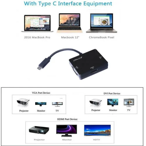 Cirago USB-C to HDMI/DVI/VGA 3-in-1 Display Port Converter Cable Adapter - Black