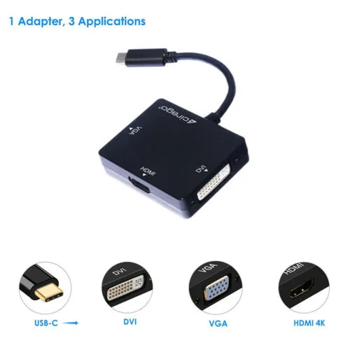 Cirago USB-C to HDMI/DVI/VGA 3-in-1 Display Port Converter Cable Adapter - Black