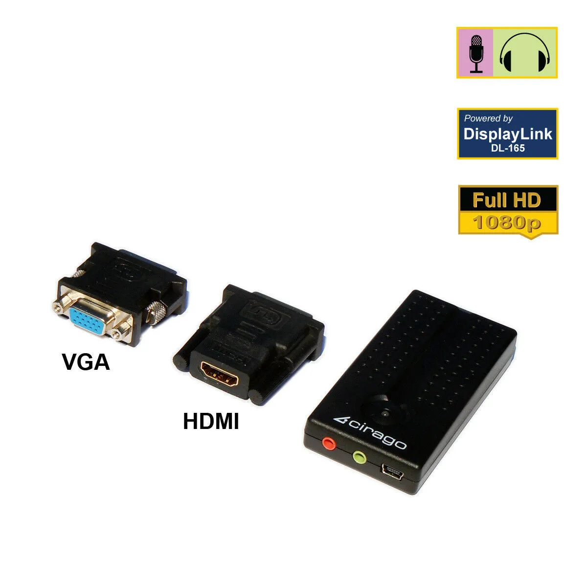 Cirago USB to DVI/HDMI/VGA Display Adapter DisplayLink Certified Plug and Play