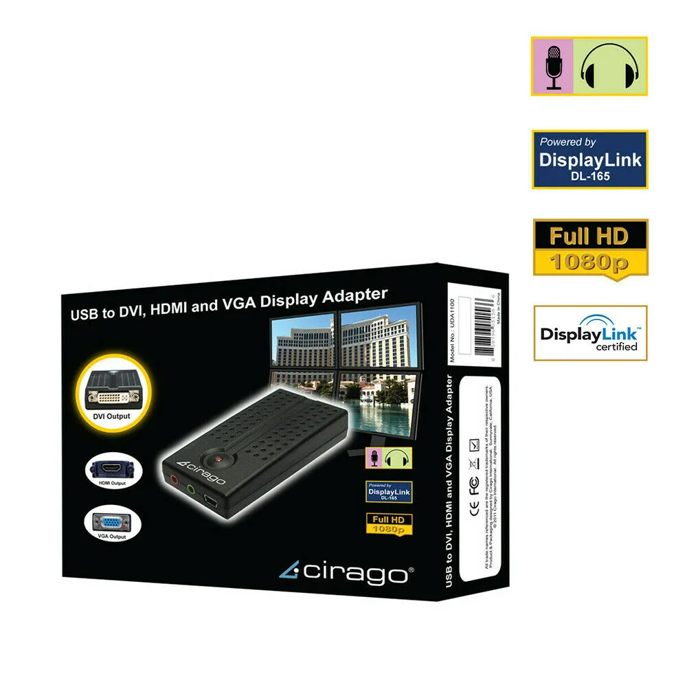 Cirago USB to DVI/HDMI/VGA Display Adapter DisplayLink Certified Plug and Play