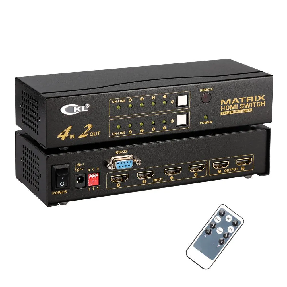 CKL Dual Monitor Matrix HDMI Switch Splitter 4 Port in 2 Out Arbitrarily 1080P 3D   IR Remote RS232 Control (Not for Keyboard and Mouse Switching)