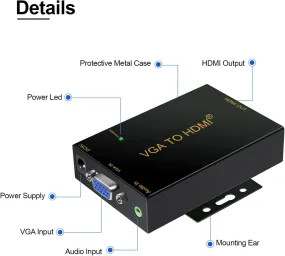 CKL VGA to HDMI Adapter Converter 1080P with 3.5mm Audio Sound and DC 5V Power Supply for PC Laptop Display Computer Mac Projector HDTV