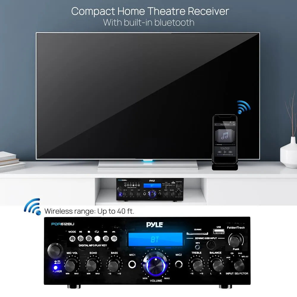 Compact Bluetooth Stereo Amplifier - Desktop Audio Power Amp Receiver With Fm Radio, Mp3/Usb/Sd Readers, Digital Lcd Display, Microphone Input (200 Watt).