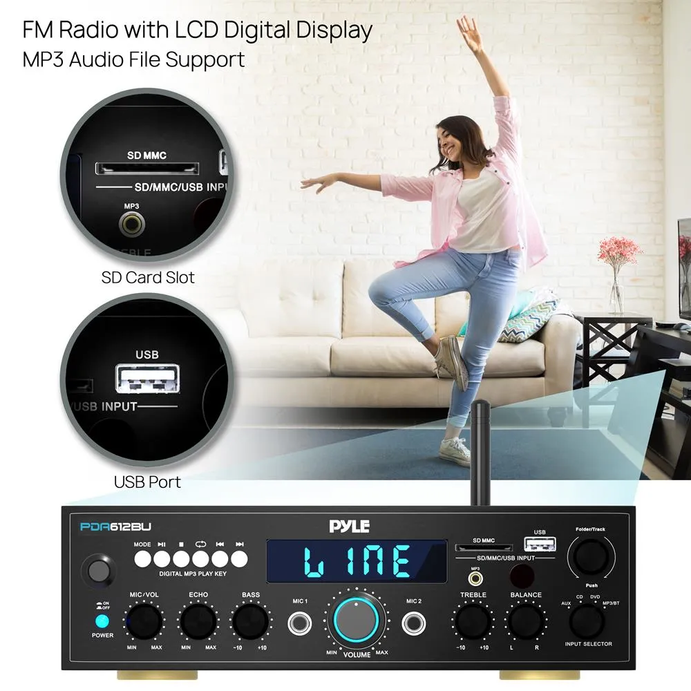 Compact Bluetooth Stereo Amplifier - Desktop Audio Power Amp Receiver With Fm Radio, Mp3/Usb/Sd Readers, Digital Lcd Display, Microphone Input (200 Watt).
